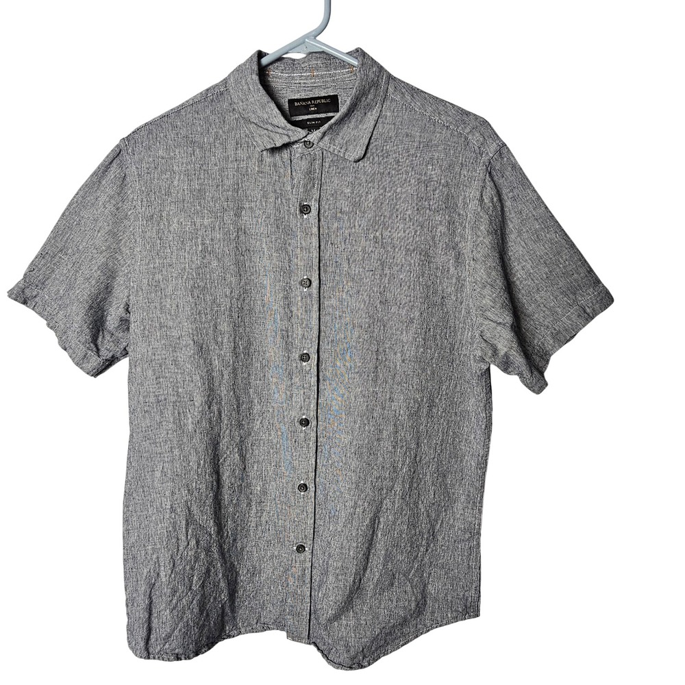 Banana Republic Mens Slim Fit Linen Cotton Shirt M Blue White Stripe Coastal